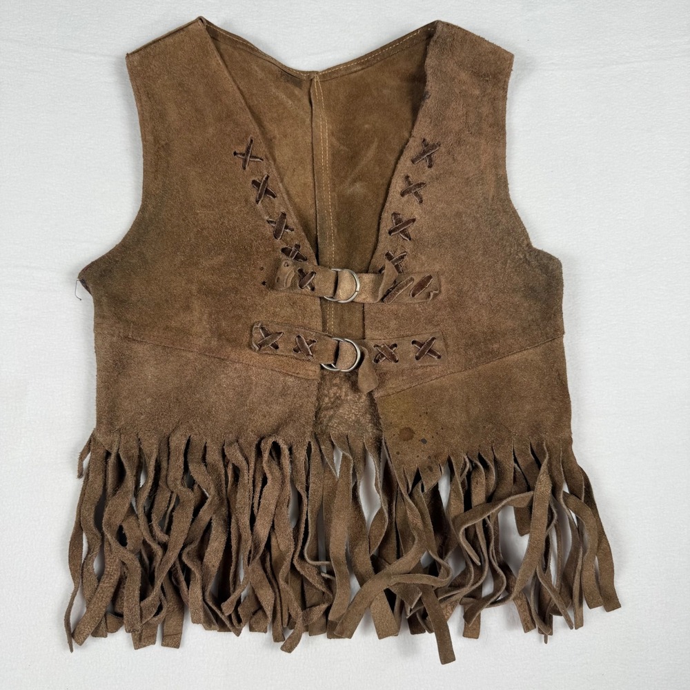 Vintage Handmade Suede Leather Fringe Vest Brown Western Hippie Boho Festival